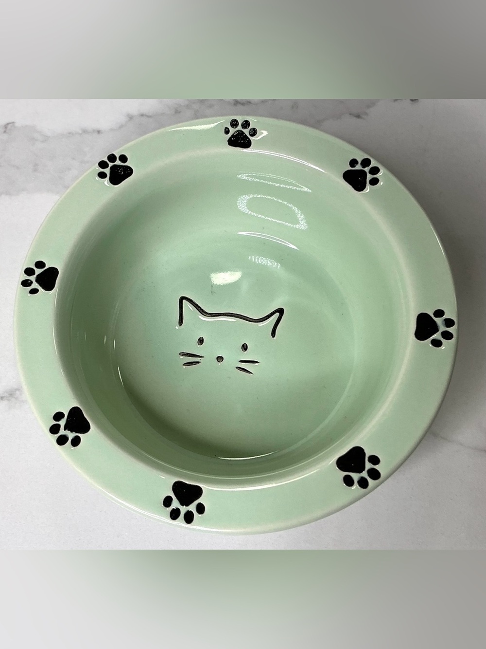 Signature Cat Pet Bowl Plate Food Dish Plate Adorable Cat Faces Green 5.5” New